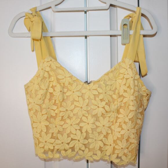 LULUs Spring It On Yellow Floral Embroidered Set Tie Strap Top Skirt | Small - Picture 3 of 13